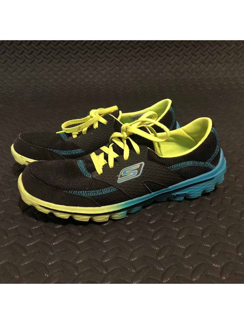 Skechers Womens Go Walk Black Blue Neon Yellow Lightweight Athletic Sneakers 9